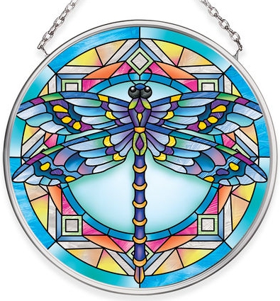 Amia 40070N Stained Glass Blue Dragonfly Small Circle Suncatcher