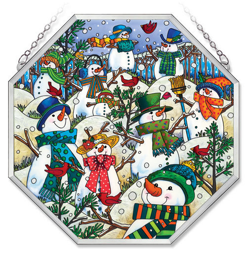 Amia 41018 A Hill of A Lot of Snowmen Beveled Glass Medium Octagon Panel