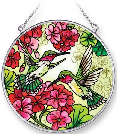 Amia 42275 Hummingbird & Red Geraniums Medium Circle Suncatcher