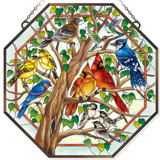 Amia 42802 Wild Birds Co op Beveled Glass Octagon Panel