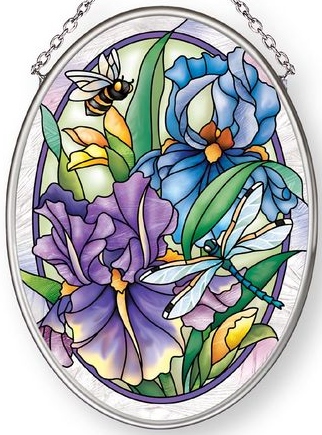 Amia 42886 Dragonflies & Irises Small Oval Suncatcher Vertical