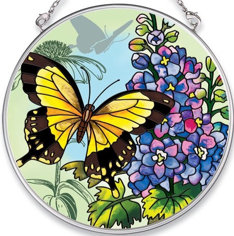 Amia 5682 Larkspur & Swallowtail Medium Circle Suncatcher