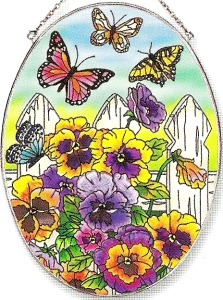 Amia 5822 Pansies & Butterflies Large Oval Suncatcher