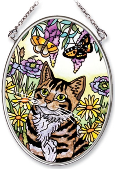 Amia 6540 Cat With Butterflies Small Oval Suncatcher