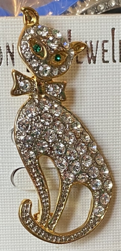 Jewelry - Fashion PINCat14 Crystal Covered Sitting Cat Pin Brooch with Green Crystal Eyes
