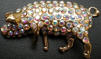 Jewelry - Fashion PINPig2 Crystal and Enamel Gold Tone Large Pig Pin Rhinestones