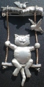 Jewelry - Fashion PINCat4 JJ Jonette Artifacts Silver Cat On Swing with Bird Pin Brooch