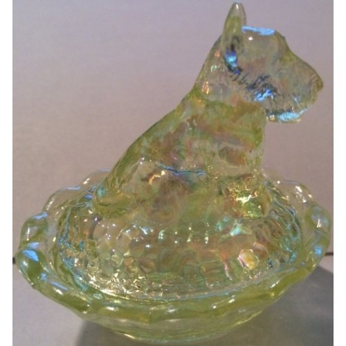 Boyd's Crystal Art Glass BYDDUSVaselineCarn Boyd Glass Scottie Dog Salt Dish Vaseline Carnival