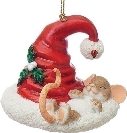 Charming Tails 130452 Mouse Sleeping w Santa Hat Ornament