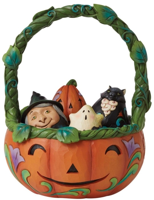 Jim Shore 6009602i Halloween Basket & 4 Mini Figurines