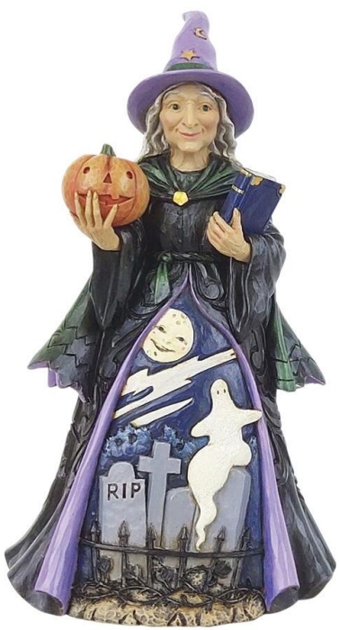 Jim Shore 6010667i Witch with Ghost Scene & Pumpkin Figurine