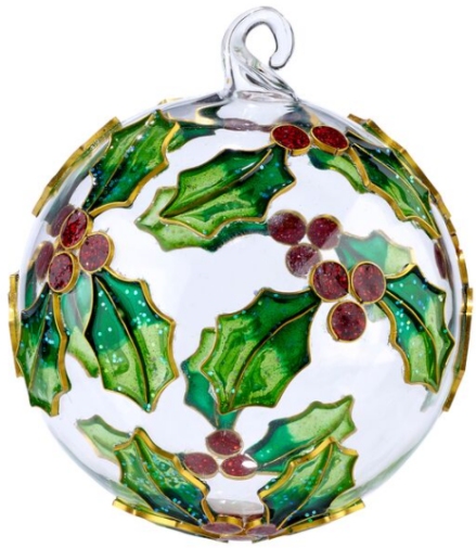 Kubla Crafts Cloisonne KUB 0 1303F Holly Leaf Enamel Glass Ball Ornament Set of 2