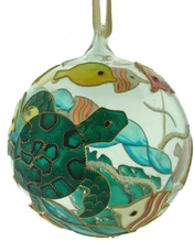 Gold-Toned,3,1303K Sea Turtle and Fishes Cloisonne on Glass Ball Christmas Ornament