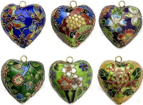 Kubla Crafts Cloisonne 4663 Cloisonne Heart Ornament Set of 6