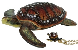 Kubla Crafts Bejeweled Enamel KUB 1 4178BN Brn Sea Turtle Box with Necklace