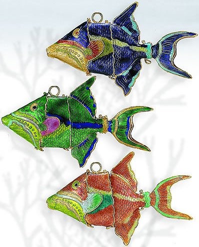 Kubla Crafts Cloisonne KUB 1 4970 Cloisonne Trigger Fish Ornament Set of 3