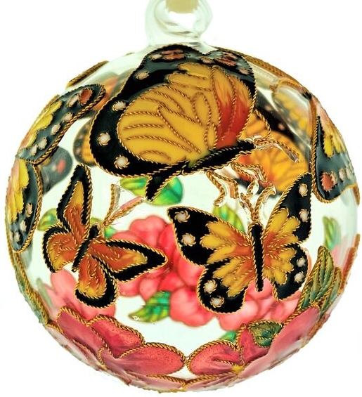 Kubla Crafts Cloisonne 1308DN Cloisonne Monarch Butterfly on Glass Ball Ornament