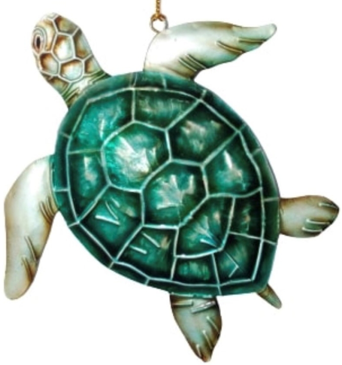 Kubla Crafts Cloisonne 1614G Green Sea Turtle Capiz Ornament Set of 2