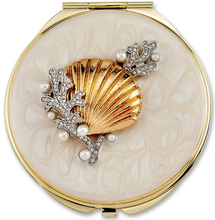 Kubla Crafts Bejeweled Enamel KUB 1959 Seashell Compact Mirror