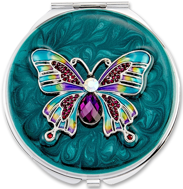 Kubla Crafts Bejeweled Enamel KUB 1966 Butterfly Compact Mirror