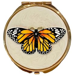 Kubla Crafts Bejeweled Enamel 1979 Enamel Monarch Butterfly Compact Mirror