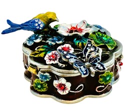 Kubla Crafts Bejeweled Enamel 2816 Round Box with Bird and Removable Butterfly Brooch