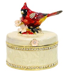 Kubla Crafts Bejeweled Enamel 2825 Cardinal and Flower on Round Box