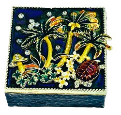 Kubla Crafts Bejeweled Enamel 2829 Large Square Box with Palms and Sea Turtle