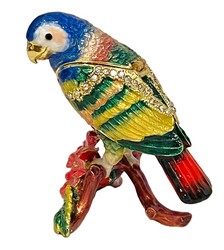 Kubla Crafts Bejeweled Enamel 2832 Parrot with Hibiscus Flower Box