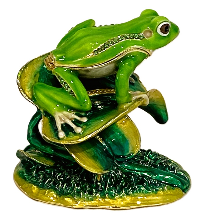 Kubla Crafts Bejeweled Enamel 2838N Large Frog on Leaves Box