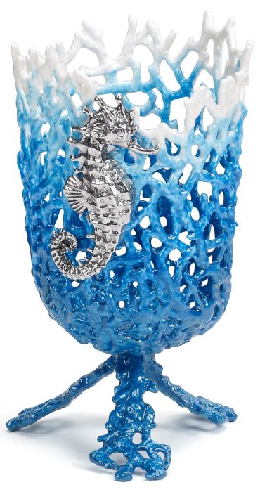 Kubla Crafts Bejeweled Enamel KUB 3015BL Coral Seahorse Vase Blue