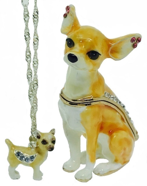Kubla Crafts Bejeweled Enamel KUB 3126CN Chihuahua Box and Necklace