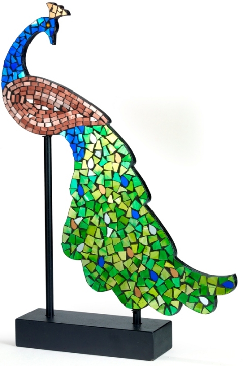 Kubla Crafts Capiz 3241 Glass and Metal Mosaic Peacock Figurine on Wood Stand