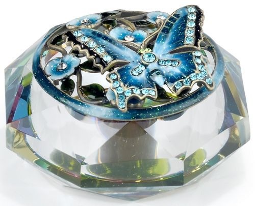 Kubla Crafts Bejeweled Enamel KUB 3263 Enam Glass Top Box Blue Butterfly