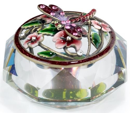 Kubla Crafts Bejeweled Enamel KUB 3265 Enamel Glass Top Box Pink Dragonfly