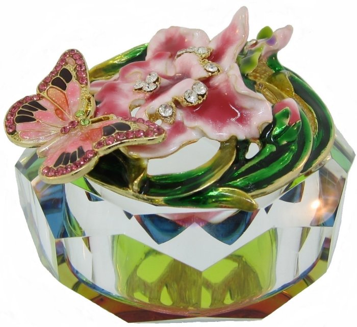 Kubla Crafts Bejeweled Enamel KUB 3269 Jewel Enamel Glass Box Pink Butterfly