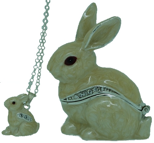 Kubla Crafts Bejeweled Enamel KUB 3418WN White Rabbit Box and Necklace