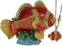 Kubla Crafts Bejeweled Enamel KUB 3428CN Clown Fish Box with Necklace
