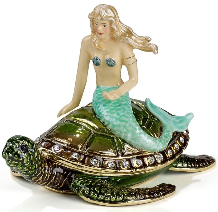 Kubla Crafts Bejeweled Enamel KUB 3723 Mermaid on Sea Turtle Box