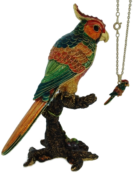 Kubla Crafts Bejeweled Enamel KUB 4025PN Parrot Box with Necklace