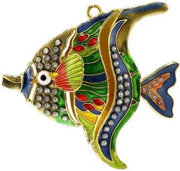 Kubla Crafts Cloisonne KUB 4335G Bejeweled Angel Fish Ornament Green
