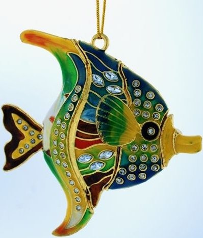 Kubla Crafts Cloisonne KUB 4335T Bejeweled Turquoise Angel Fish Ornament