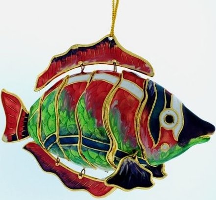 Kubla Crafts Cloisonne KUB 4336PG Bejeweled Pink and Green Fish Ornament