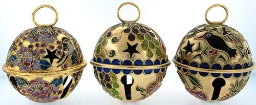 Kubla Crafts Cloisonne KUB 4421 Gold Sleigh Bell Ornament Set of 12