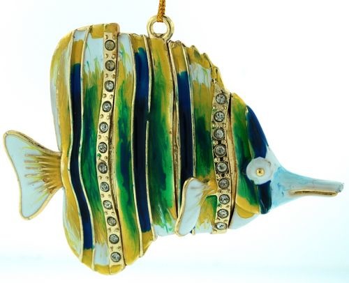 Kubla Crafts Cloisonne KUB 4783GR Bejeweled Green Fish Ornament