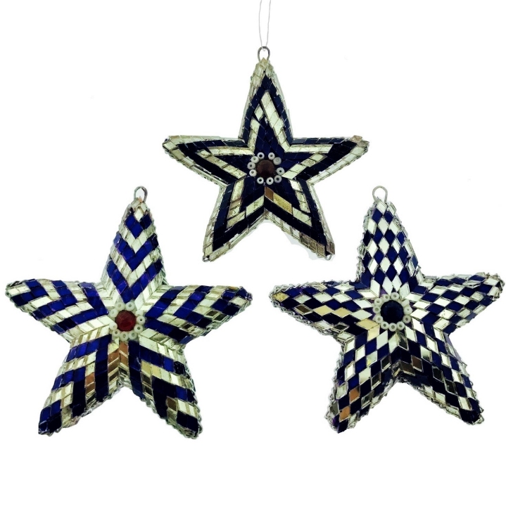 Kubla Crafts Capiz 5322 Glass Mosaic Blue Stars Ornaments Set of 3