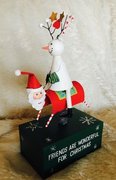 Kubla Crafts Cloisonne 6367 Hand Painted Tin Snowman On Santa's Back Figurine Set of 3