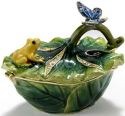 Kubla Crafts Bejeweled Enamel 3478 Frog and Butterfly on Leaf Box