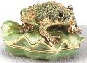 Kubla Crafts Bejeweled Enamel 3995 Peridot Frog on Leaf Box