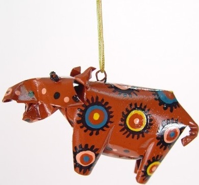 African Tin Animals PTOH Hippo Painted Tin Ornament